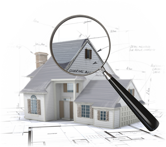 Illustration of a magnifying glass inspecting a house's roof over blueprint plans